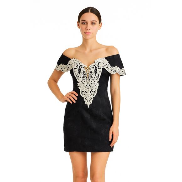 Vintage 90's Scott McClintock Formal Event Dress $ Black White Lace Edwardian - Picture 1 of 12